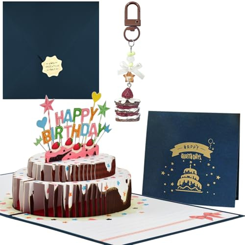 FAYAHAR Pop Up Födelsedagskort, 3D-vykort med kuvert och tårtformad nyckelring, Happy Birthday Pop Up Card för familj, vänner och kollegor (blå)