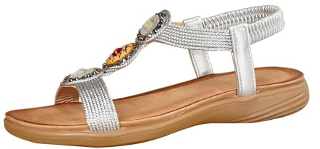 HUYTBYG Dam pärlstav T-rem sandaler färgglada ädelstenar elastisk slingback platta sandaler rem platta sandaler för kvinnor