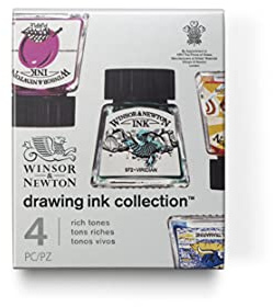 winsor & newton W&N Drawing Ink Collection-Set of 4 (Rich Tones), Purple, Ultramarine, Sun Yellow, Viridian, zeichentusche - set
