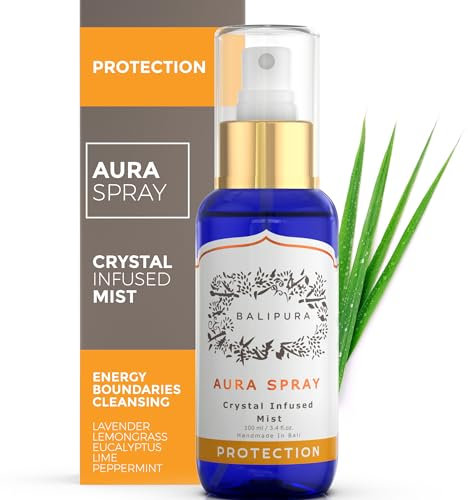 BALIPURA - Heilkristalle Aurische Mischungen aus ätherischen Ölen aus Lavendel und Zitronengras, schwarzem Turmalin, Rauchquarz und Citrin.Protection Aura Mist Handgefertigt in Bali, 100ml