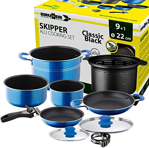 BRUNNER: Camping Kochgeschirr Alu-Topfset (Töpfe und Pfannen) - 9+1 teilig ø 22 cm SKIPPER - 4 Personen, Stapelbar, Antihaft, Leicht, Hochwertig