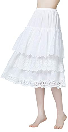 BEAUTELICATE 100% Cotton Half Slip Lightweight Skirt Extender Underskirt for Women 3 Tiered Lace Hem