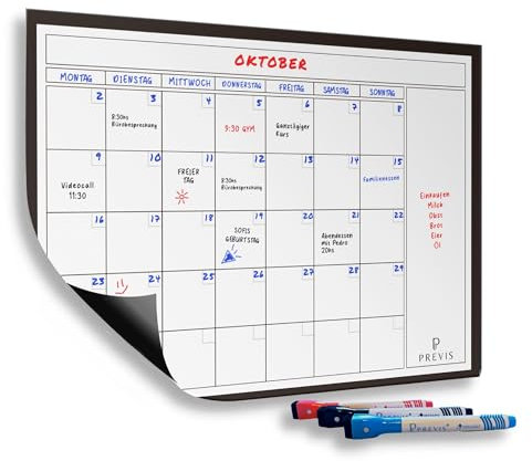 Previs Whiteboard Monatsplaner Magnetisch A4 - Magnetischer Kalender Kühlschrank Planer - Familienplaner - Monatskalender Wochenplaner Abwischbar -Monatsplaner Abwischbar- Monthly Planner Tafel Fridge