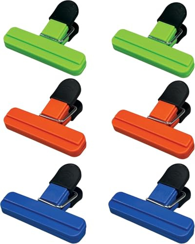 6 Pcs Sturdy Food Bag Clips with Tight Grip, 3 Assorted Colors. 7.6CM Food Clips for Sealing Unfinished Snacks, Cereals, and Reusable to Seal All sort of Food Storage Bags
