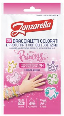 Zanzarella, 24 x 25 Braccialetti Antizanzare Magic Princess, in Silicone 100% Riciclabile, con Repellente per Zanzare A Base di Oli Naturali, Attivi Fino a 12 Ore, con 5 Disegni Colorati, Taglia Unica