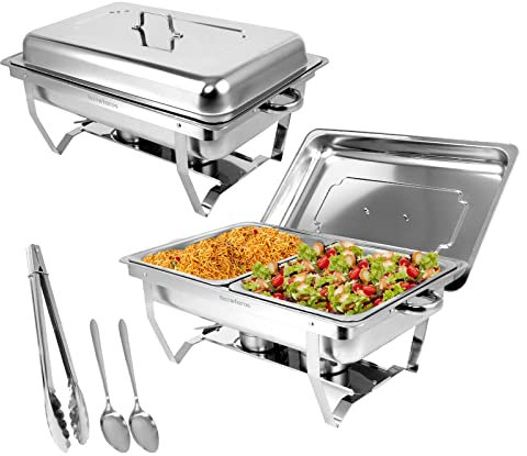 Snowtaros Chauffe-Plats en Acier Inoxydable, 9L Chafing Dish, Buffets Chauffants avec Pinces et Cuillères pour Fêtes, Mariage, Banquets, Restauration (2 pièces, 4 x GN 1/2)