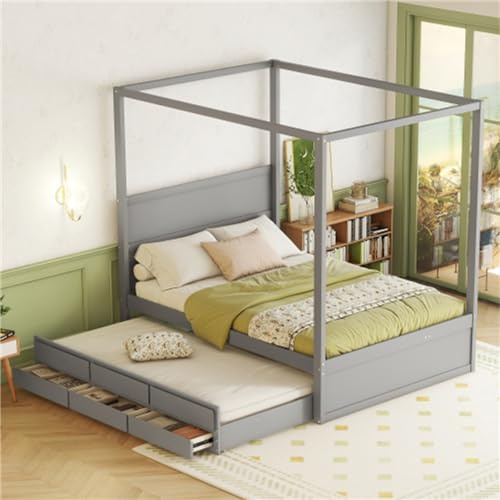 LAHTI Letto a baldacchino, 140 x 200 cm, colore grigio, legno di pino + MDF, letto singolo estraibile, tre ripiani, salvaspazio, portata 200 kg, ideale per camere da letto europee