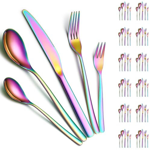 Set di posate 60 pezzi Servizio per 12 persone con placcatura in titanio arcobaleno Include coltelli da tavola, cucchiai da tavola, forchette da tavola, cucchiaini da tè, forchette da dessert