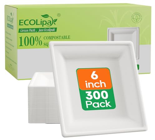 ECOLipak 6 Inch Compostable Square Paper Plates, 300 Count Appetizer Plates
