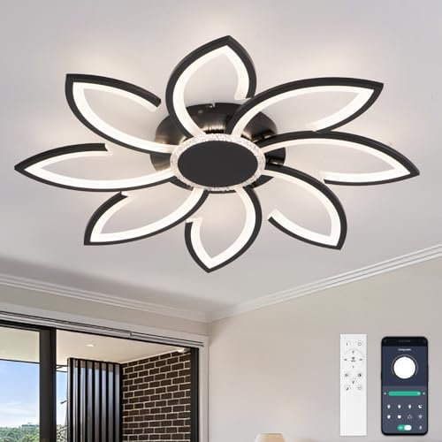 YUNLONG Wohnzimmerlampe Decke Modern Led Dimmbar, 80 cm Deckenlampe Wohnzimmer Groß, 98W, 8000LM, Deckenleuchte mit Fernbedienung Blumen Form Design, für Büro, Schlafzimmer, Schwarz