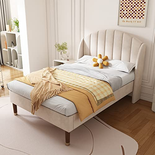 Merax 3ft Velvet Upholstered Bed, Single Bed (90 * 190cm), Youth Bed with Slatted Frame and Headboard, Wooden Slatted Support Mattress Not Included, Beige