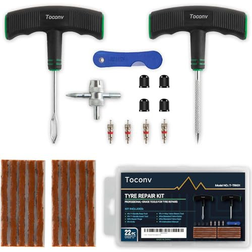 Toconv Tyre Repair Kit, 32pcs Compact Tyre Puncture Repair Kit with Rubber Plugs, Upgraded T-Handle, 4-Way Valve Tool, Flat Tyre Repair Tool for Cars, Motorcycles, Van, ATV, SUV