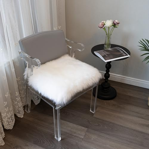 Sheepskin Chair Cushion Non-Slip Back Square Genuine Fur Chair Cover Silky Natural Wool Seat Cushion Pad Soft Area Rugs Carpet for Home Office Restaurant Chair 18x18 Inch (Pack of 1), Pearly White