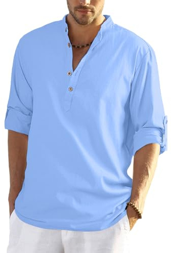 YAOHUOLE Men's Linen Shirt Long Sleeve Casual Grandad Shirt Collarless Henleys T Shirt Summer Beach Tops
