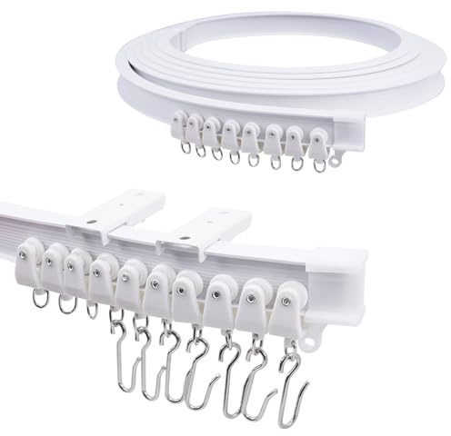 VirtuGro Rail de rideau de plafond flexible et pliable de 4 m avec crochets en S pour baie vitrée, séparateur de pièce, douche ovale, salle de bain, camping-car, coin de douche, blanc