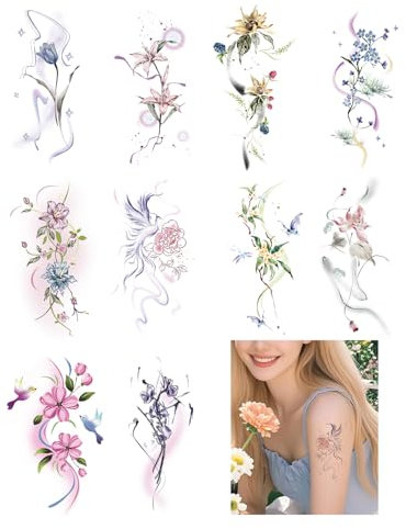 10 Fogli Fiori Tatuaggi Temporanei per Donne e Ragazze (Fiori)