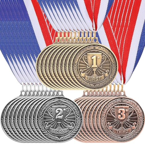 MSYU 30 Pcs Gold Silver Bronze Award Medals, Metal Winner Award Medals with Neck Ribbon, 1st 2nd 3rd Prize Medals for Kids, Adults, Sports Day Prizes, Gymnastics Competitions, Party Favours, 2 Inches