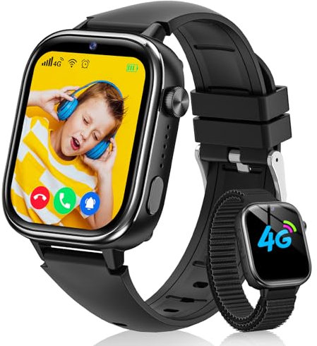 Sanorum 4G Montre Connectée Enfant, Étanche IP68 Smartwatch Téléphone Enfant avec GPS, Appel, Fonction SOS, Appel Vidéo, Mode Classe, Podomètre, Appareil Photo, Réveil pour Filles et Garçons Noir