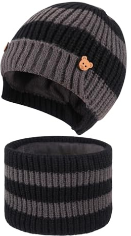 Jupsk Barn vinter hatt halsduk set, mössa halsvärmare randig keps fleecefoder för barn pojkar 4-10 år, Svart, grått, one size