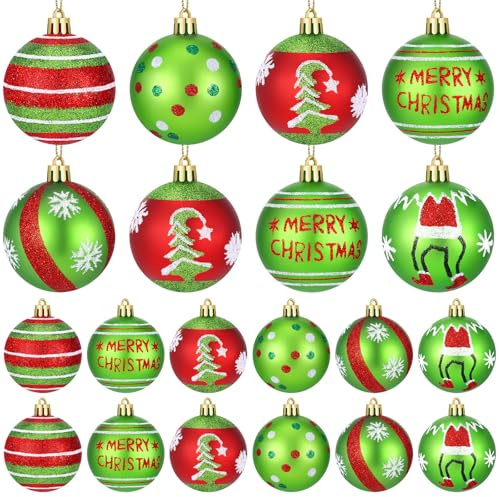 12 Pcs Christmas Balls Ornament 2.4 Inch Plastic Christmas Baubles Glittering Hanging Xmas Balls Shatterproof Red Green Polka Dots Stripes Pendants for Home Indoor Holiday Party Tree Decorations