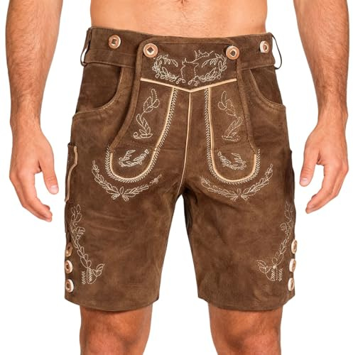 Generisch Lederhose Herren Oktoberfest Trachtenhose Tracht Trachtenlederhosen Kurz Mann Braun Bayrische Trachten Hose Trachtenmode mit Hosenträger Traditionelle Vintage Outfit Dunkelbraun