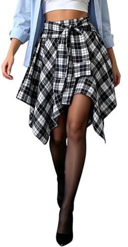Rutig kjol, hög midja, knuten fram, asymmetrisk skaterkjol för cosplay-fester, svart, S