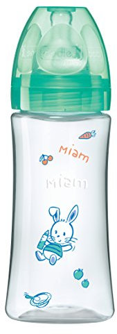 Dodie -Biberon Initiation - 330ml Transparent Valentin Vert +6 mois tétine ronde 3 vitesses débit 3