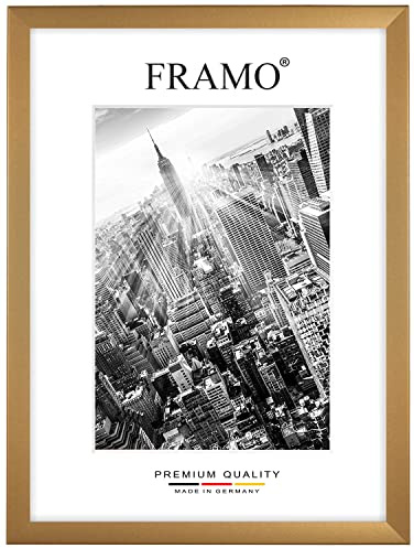 FRAMO 35mm Cornice per Immagini 43 x 56 cm | Oro Semplice | Cornice in MDF Fatta a Mano con lastra di Vetro Artificiale antiriflesso a Prova di Rottura e Robusta Parete Posteriore in MDF