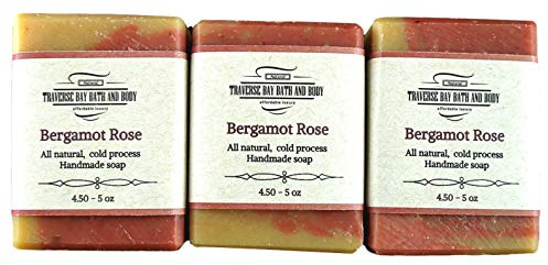 Traverse Bay Bath and Body, Bergamot Rose with French pink clay, all natural handmade cold process soap, essential oil soap. 3 bar pack 15 + oz. Made in the USA