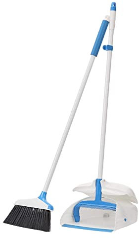 Amazon Basics - Scopa con paletta con manico lungo, blu e bianco