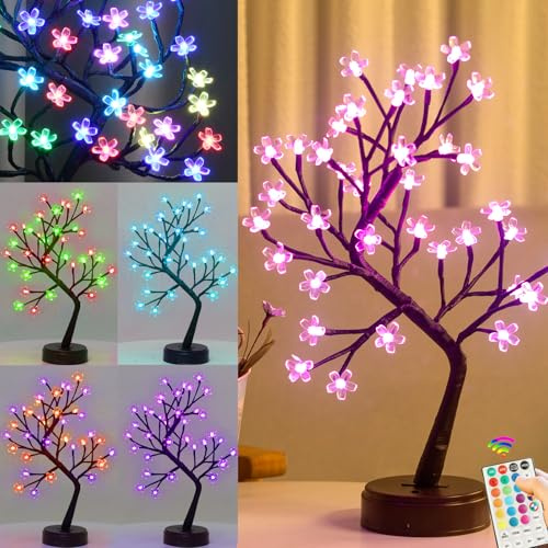 Pooqla RGB Cherry Blossom Tree Light with Remote 28 Colors LED Artificial Flower Bonsai Tree, RGB Table Top Lamp Home Lit Tree Valentine's Day Decoration 36 LED, Brown Branch
