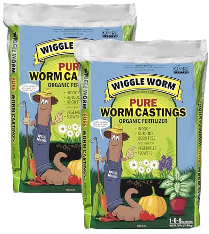 Wiggle Worm 100% Pure Organic Mineral-Dense Worm Castings Fertilizer, 30lbs, Pack of 2 - Improves Soil Fertility and Aeration for Growing Better Houseplants, Vegetables, and More