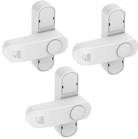 BASI | Fenstersicherung 3er Set | Weiß Braun | Zusatzsicherung für einflügelige Fenster Fenstertüren | verriegelbar mit Druckknopf | Schwenkriegel | Einbruchschutz | Farbe Weiß | 3 Stück