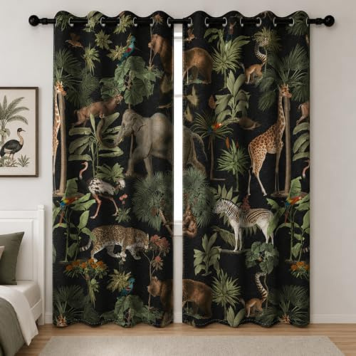 YongFoto 117x183cm Animal World Mörkläggningsgardiner Jungle Wildlife World Elefant Giraff Vild Safari Grön skog för Vardagsrum Sovrum Fönstergardiner, 2 Paneluppsättningar med hål