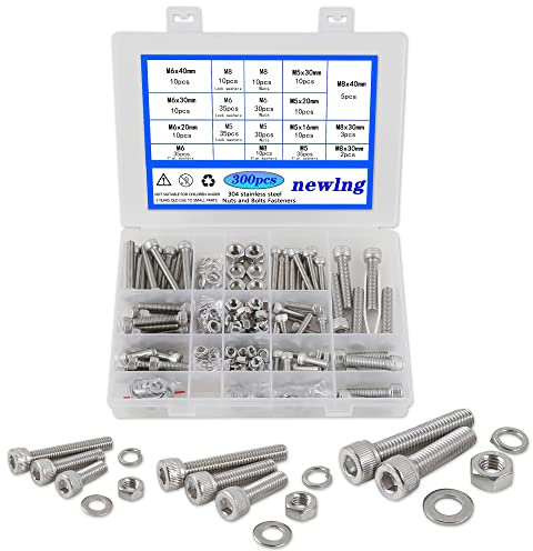 newlng M5 M6 M8 Juego de Tornillos y Tuercas y Arandelas Juego de Surtido de Tornillos de Cabeza Hueca Hexagonal Acero Inoxidable 304 Rosca Métrica Tornillos de Cabeza Cilíndrica Kit 300 Piezas