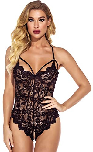 KOEMCY Lingerie Sexy Femme Dentelle Dos Nu Erothique Deshabillé Body Combinaison Col V Profond Lingerie One Piece Dentelle Babydoll Eotique sous Vêtements de Nuit (Noir, L)