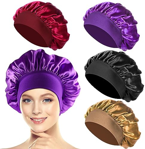 PAEFIU 4 Pcs Bonnet Satin Cheveux Nuit, Bonnet Soie Cheveux Nuit Femme | Satin Doux Et Respirant Élastique pour Protéger Longs et Bouclés, Sommeil, Maquillage, Spa (Noir,Or,Violet Foncé,Vin Rouge)