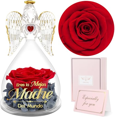 Sunia Regalos Originales para Madres,Rosa Eterna Angel Lleva Impreso Eres la Mejor Madre del Mundo,Flores Preservadas con Figura de Ángel,Regalo Mama Cumpleaños Navidad San Valentin Dia de la Madre