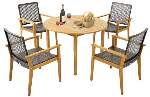 Tangkula 5 Pieces Patio Dining Set, 4 Patio Wicker Armchairs and Round Acacia Wood Dining Table, Outdoor Table and Chairs Set for Backyard, Poolside, Garden