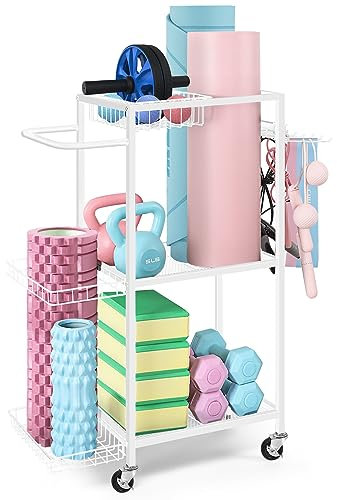 LIANTRAL Hantelständer, Fitnessgeräte Aufbewahrungsregal, Kurzhantelständer Yoga Matte Hantelablage, Yogamatte Aufbewahrung mit Rädern und Haken, Gewichtsregal für Heim-Fitnessstudio, Weiß