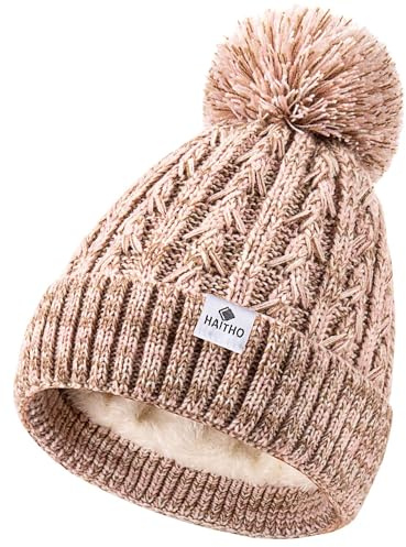 HAITHO Kids Toddler Winter Hat with Pom Pom, 2 Size Kids Toddler Teen Beanie Hats for Girls Boys, Cute Warm Fleece Lined Knit Beanies Cap for Age 2-12 Years-12