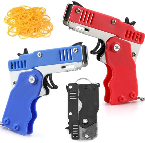 CENPEK Paquete de 3 Pistolas de Goma Plegables con Llavero, Juego de Disparos portátil, Actividad Interior al Aire Libre con 180 Piezas de Bandas de Goma elásticas Suaves para Adolescentes y Adultos