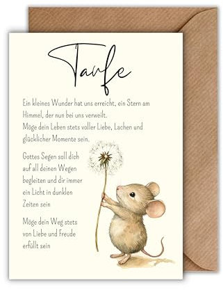 WBdesignz Taufkarte Mädchen oder Junge mit Umschlag – liebevoll mit Maus und Segensspruch - Glückwunschkarte zur Taufe – Geschenkidee für Eltern & Paten (DIN A6)