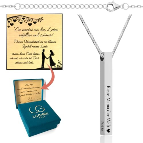 Lumari Gold Collier personnalisé avec gravure – Chaîne à piliers avec gravure au choix - Collier avec pendentif personnalisé - Cadeau - Chaîne en acier inoxydable hypoallergénique, résistante à la