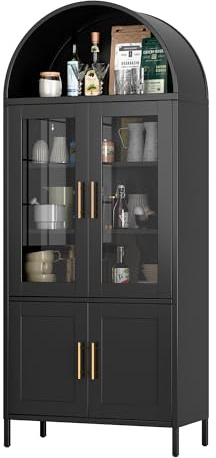 SUPEER Buffet Vitrine en Métal avec Dôme Arrondi - Armoire Exposition 2 Portes Verre & 2 Portes Métal - Meuble de Rangement pour Salon Chambre (Noir, 185x80x40 cm)