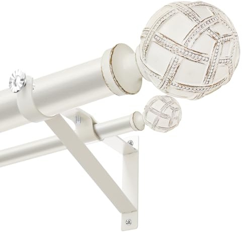 1 Inch Heavy Duty Adjustable Double Curtain Rod for Windows 48 to 84 Inches - Weathered White Boho Farmhouse Double Curtain Rod with Decorative Finials - for Living Room, Bedroom, Easy to install