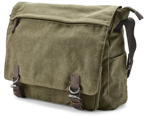Trendhim Lucleon by Sac Messenger Homme en Toile Résistante Vert Armée | Sacoche Bandoulière avec Compartiment Ordinateur et Détails en Cuir | Sac Casual Stylé pour Travail & Voyage
