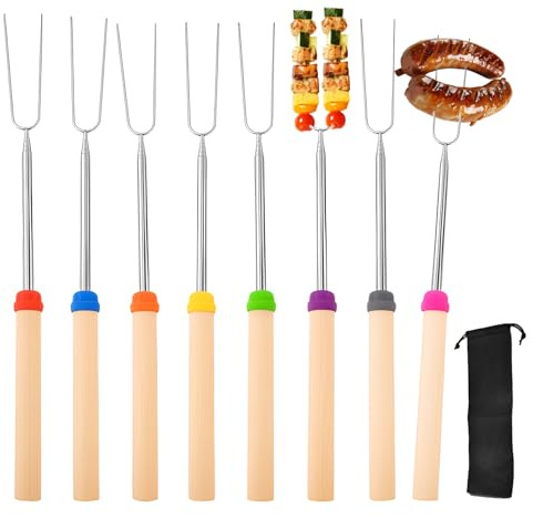 Grillspett set, 8 st grillspett i rostfritt stål, rostpinnar, teleskop grillspett rostfritt stål, köttspett för kött och grönsaker, kebabspett, med isolerade handtag för camping, trädgårdsfest