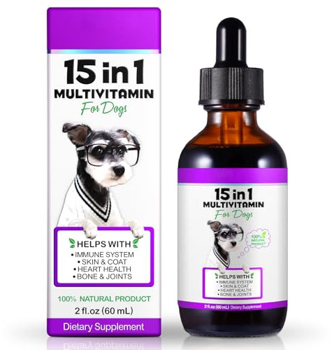 Dog vitamins and supplements, 15 in 1 Dog Multivitamin Drops, 60ml multivitamin for dogs, Helps with Immune System, Skin and Coat, Gut Health and Heart Health Digestion