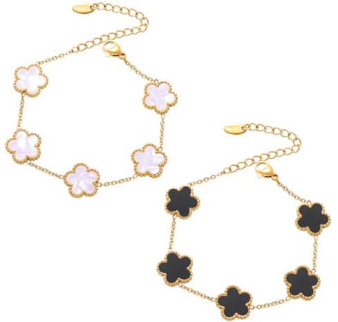 KSOIQPU Lot de 2 bracelets porte-bonheur en forme de trèfle à cinq feuilles bracelet trefle 4 feuilles femme, plaqué or 18 carats, cadeau d'amitié pour fille
